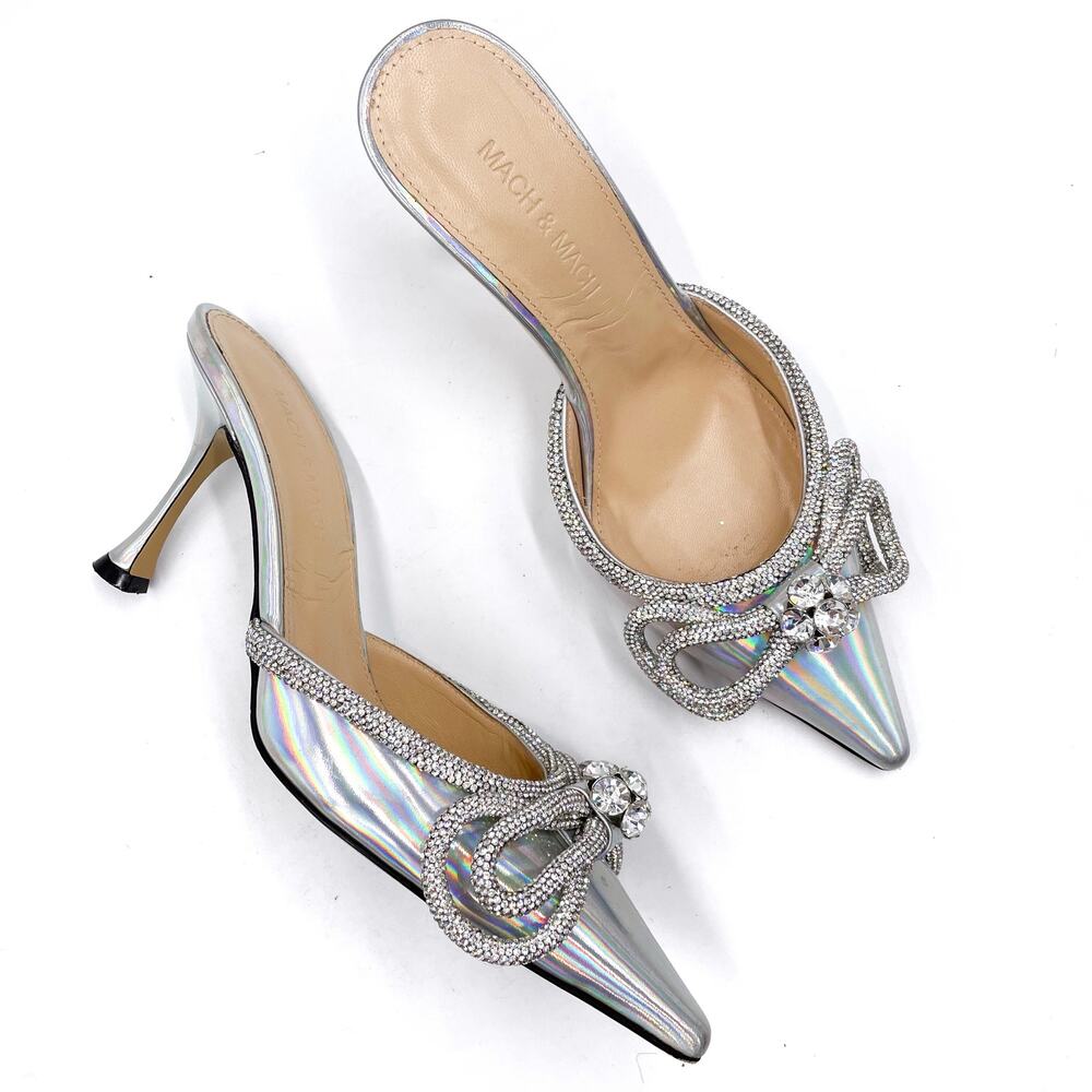Mach & Mach Crystal Double Bow Mules Silver Iridescent Kitten‎ Heel Sz 37 / 7